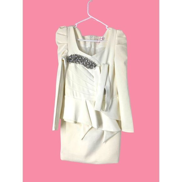 Womens Blingor White Scuba Bling Embellished Peplum Dress Size Small 4/6 5203 - Picture 7 of 14